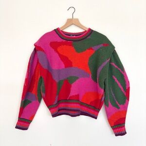 Farm Rio abstract colorful sweater - merino wool blend pink red green - XS/S euc